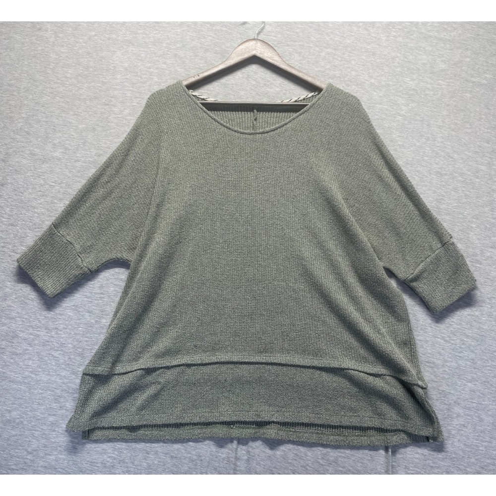 Womens Sweater XL Sage Green Dolman Sleeve Boat Neck Tight Knit Ribbed Side Slit